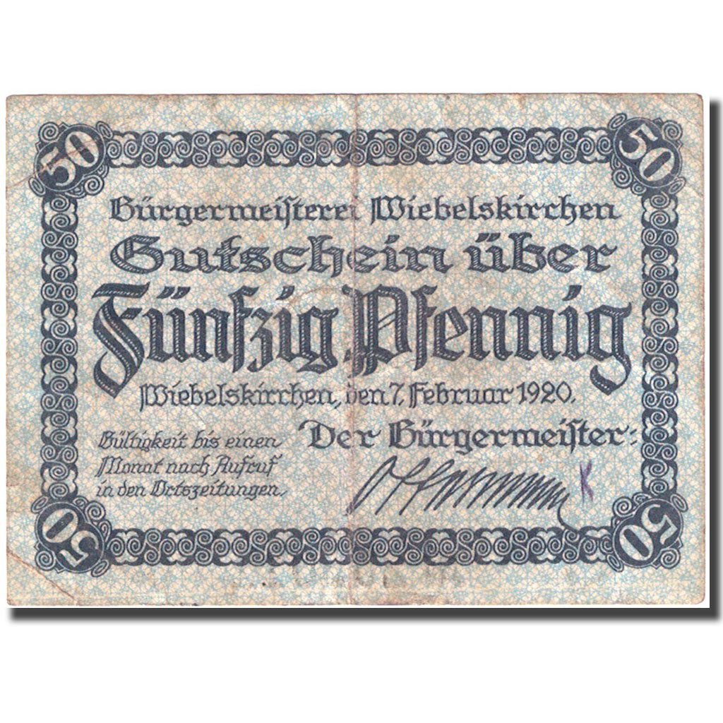 Banconote, Germania, Wiebelskirchen, 50 Pfennig, pont 1920-02-07, MB Mehl W37.2c