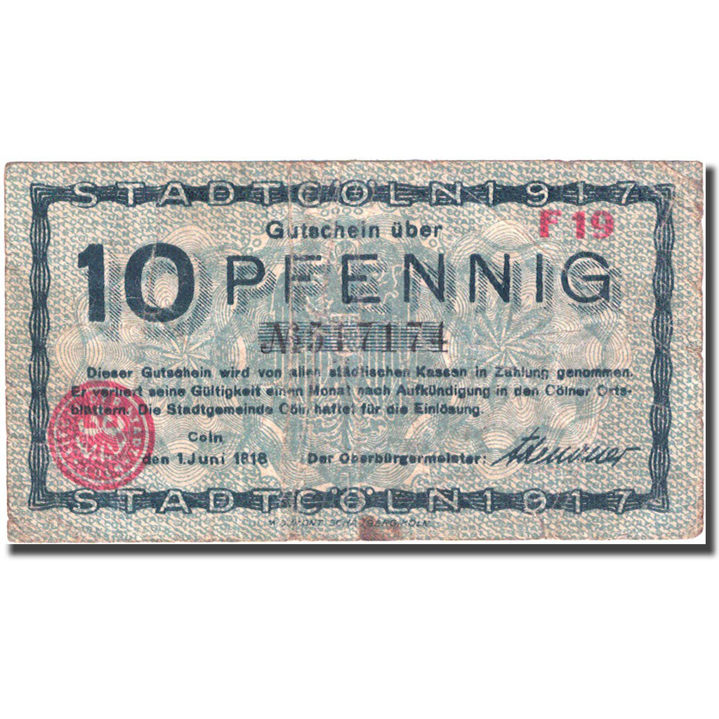Banknote, Germany, Cöln, 10 Pfennig, Monument, 1918 VF(20-25) Mehl K30.3a