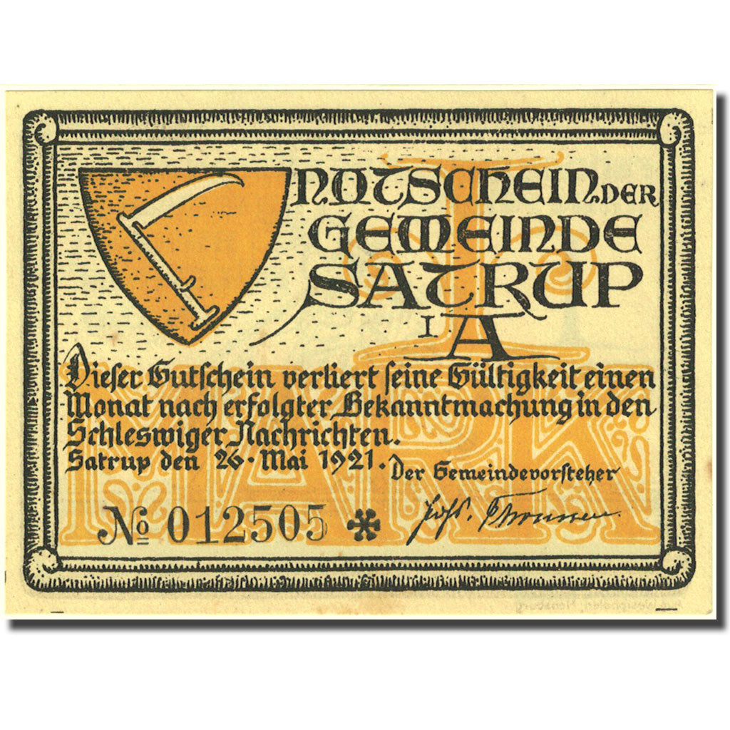 Banknote, Germany, Satrup, 1 Mark, chevalie 1921-05-26, UNC(63) Mehl 1169.1b