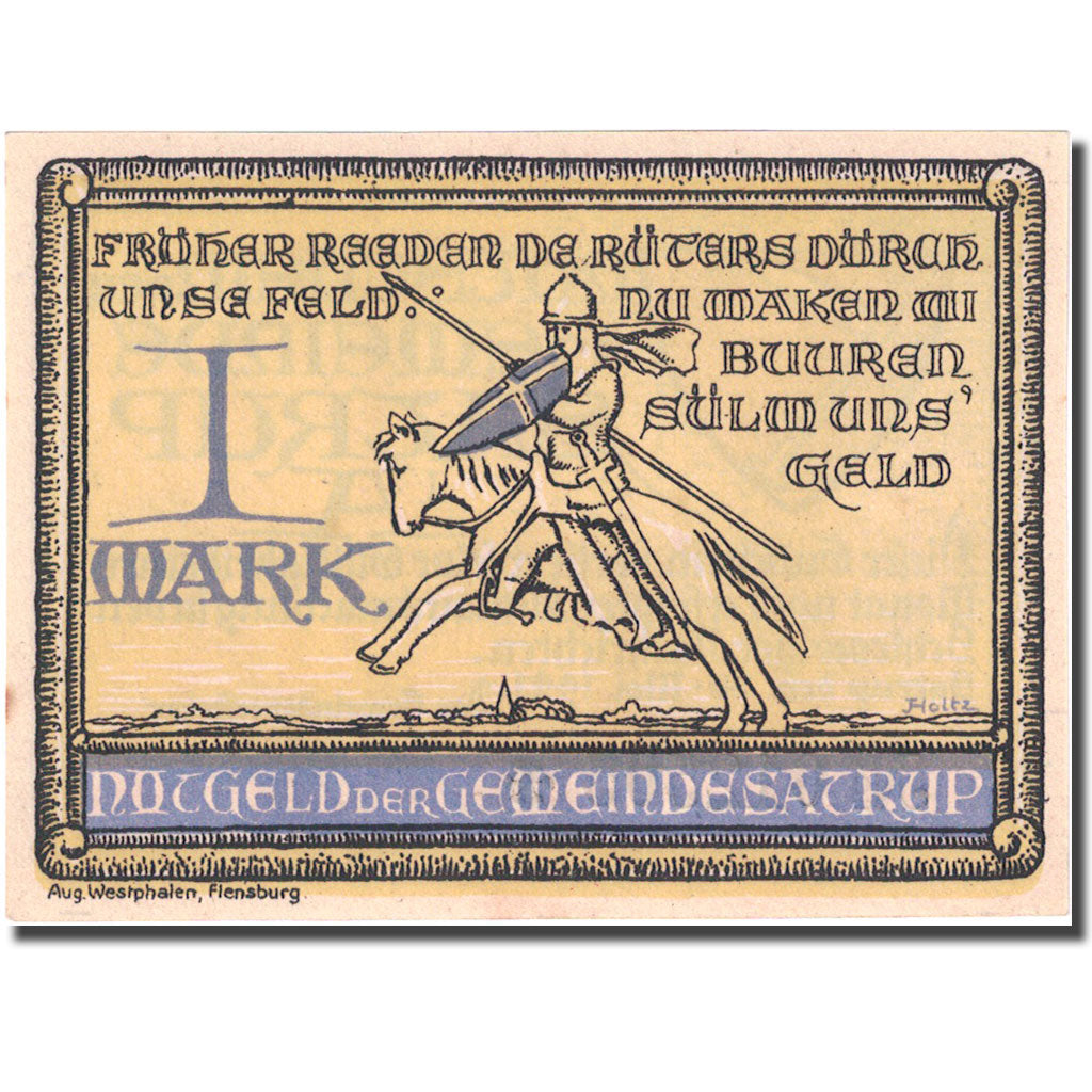 Banknote, Germany, Satrup, 1 Mark, chevalie 1921-05-26, UNC(63) Mehl 1169.1b