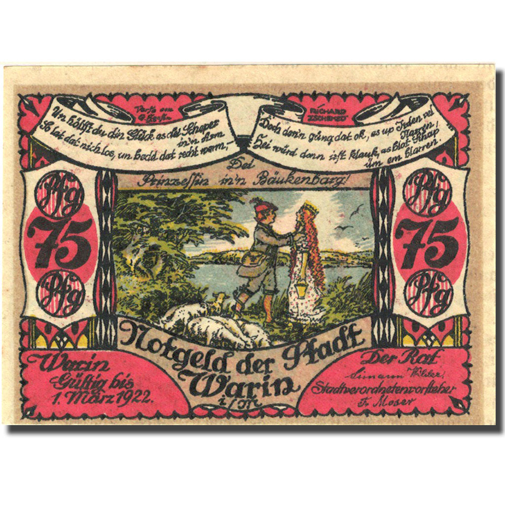 Geldschein, Deutschland, Warin, 75 Pfennig, personnage 2, 1922 VZ+ Mehl 1378.1a