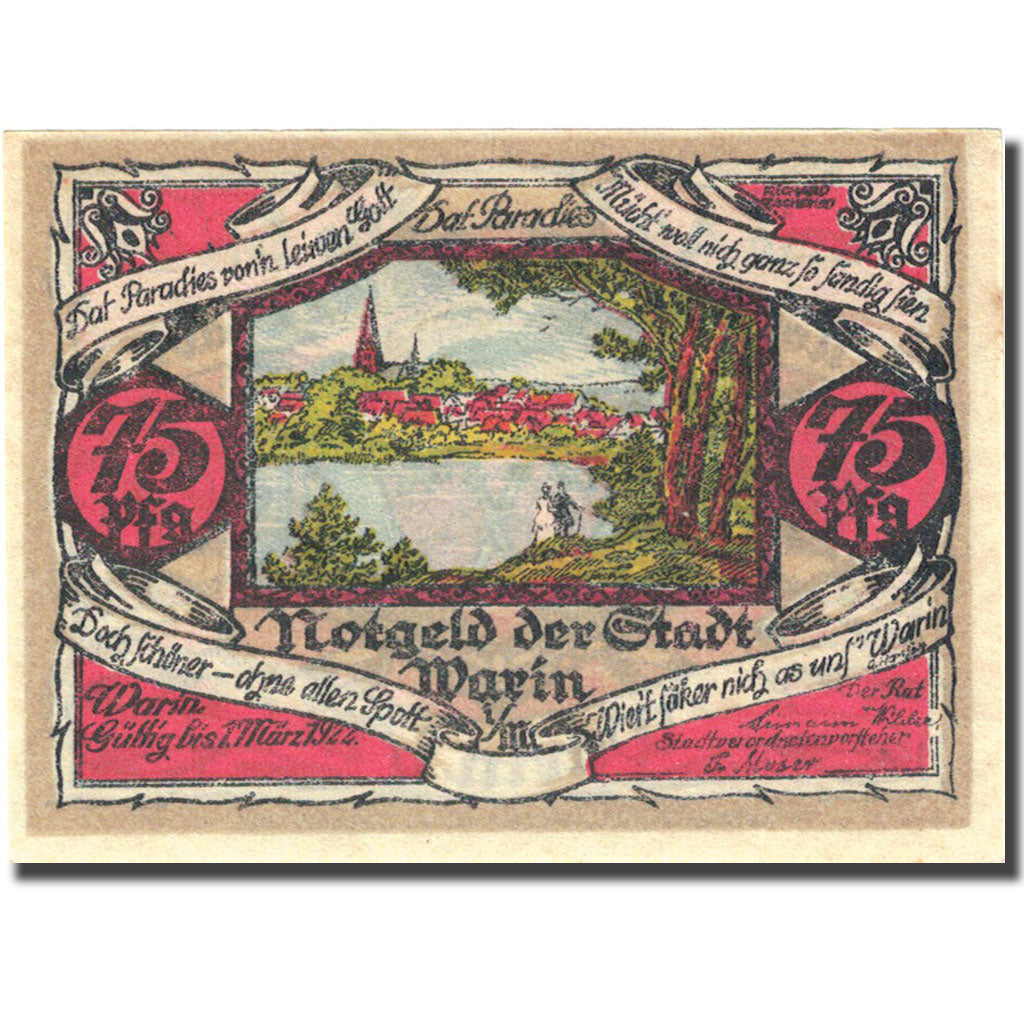 Banknote, Germany, Warin, 75 Pfennig, paysage, 1922, UNC(63) Mehl 1378.1a