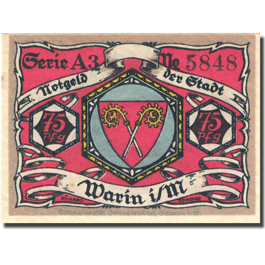 Banknote, Germany, Warin, 75 Pfennig, paysage, 1922, UNC(63) Mehl 1378.1a