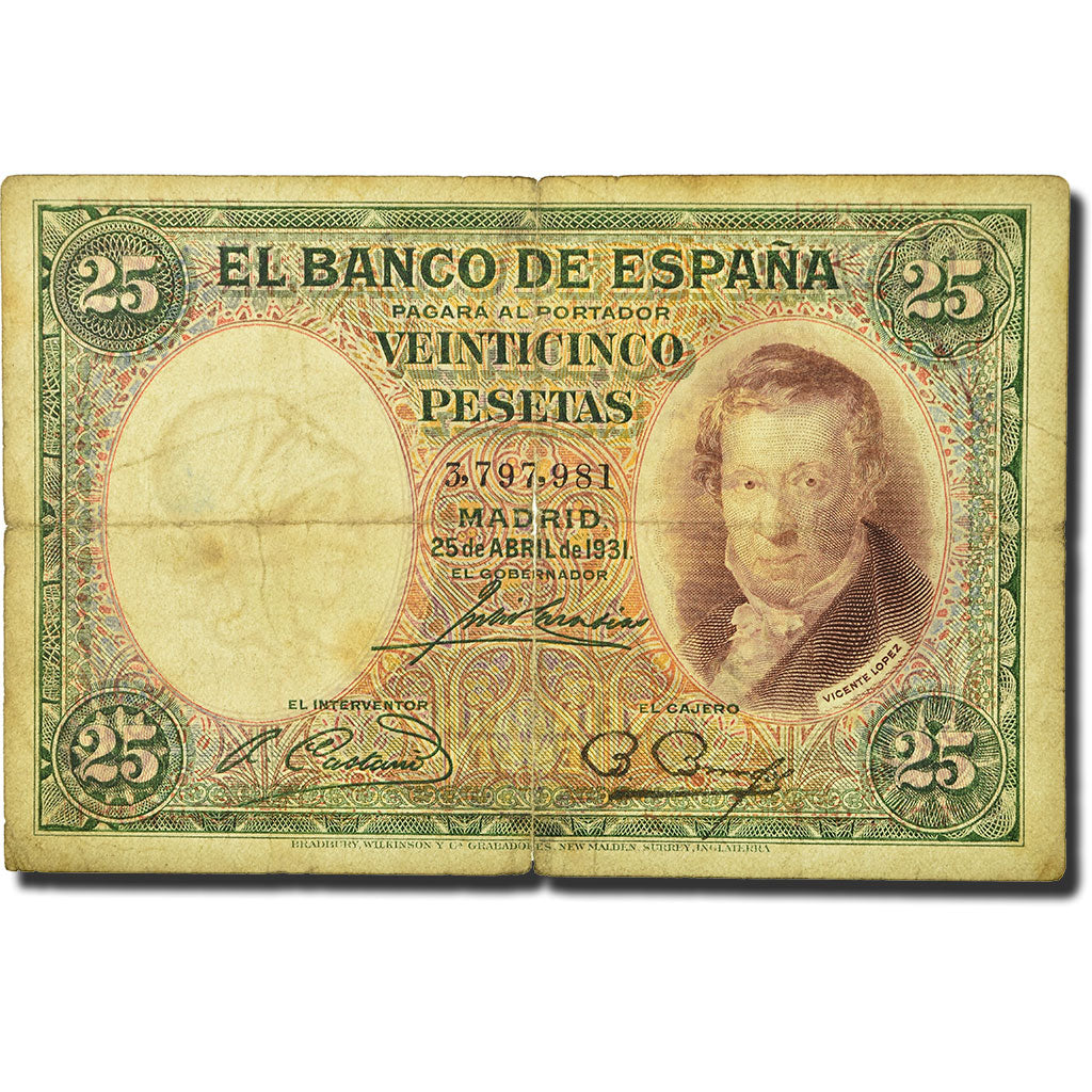 Biljet, Spanje, 25 Pesetas, 1931, 1931-04-25, KM:81, B