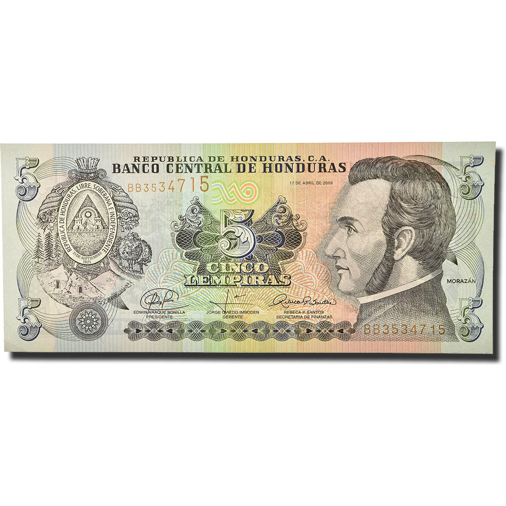 Biljet, Honduras, 5 Lempiras, 2008, 2008-04-17, KM:91b, SPL