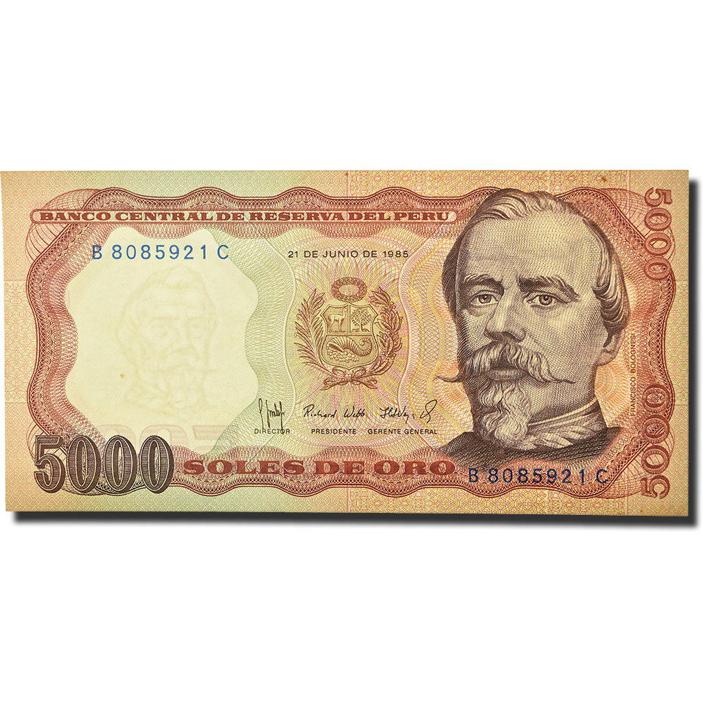 Banknote, Peru, 5000 Soles De Oro, 1975, 1985-06-21, KM:117c, UNC(60-62)
