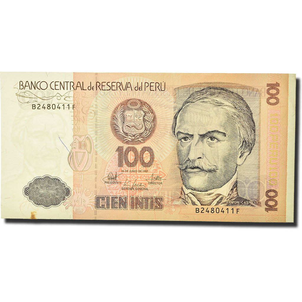 Nota, Peru, 100 Intis, 1985-1991, 1987-06-26, KM:133, AU(50-53)