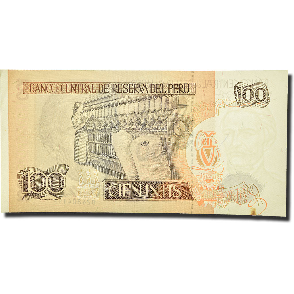Nota, Peru, 100 Intis, 1985-1991, 1987-06-26, KM:133, AU(50-53)