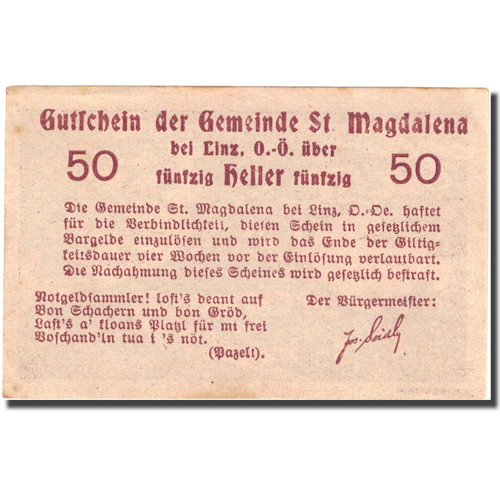 Banknote, Austria, Sankt Magdalena, 50 Heller, village, 1920 AU(55-58)