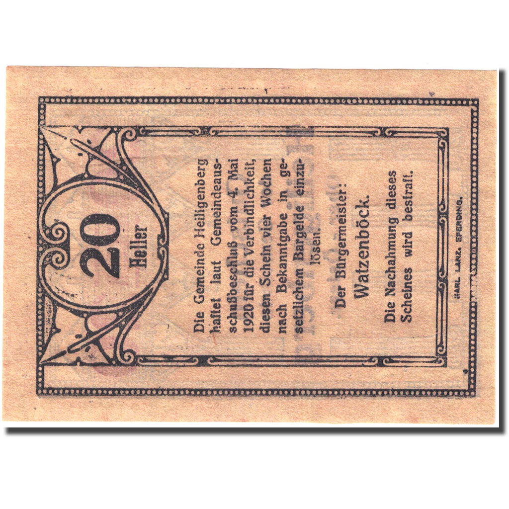 Banknote, Austria, Heiligenberg, 20 Heller, valeur faciale 1920-05-04 UNC(63)