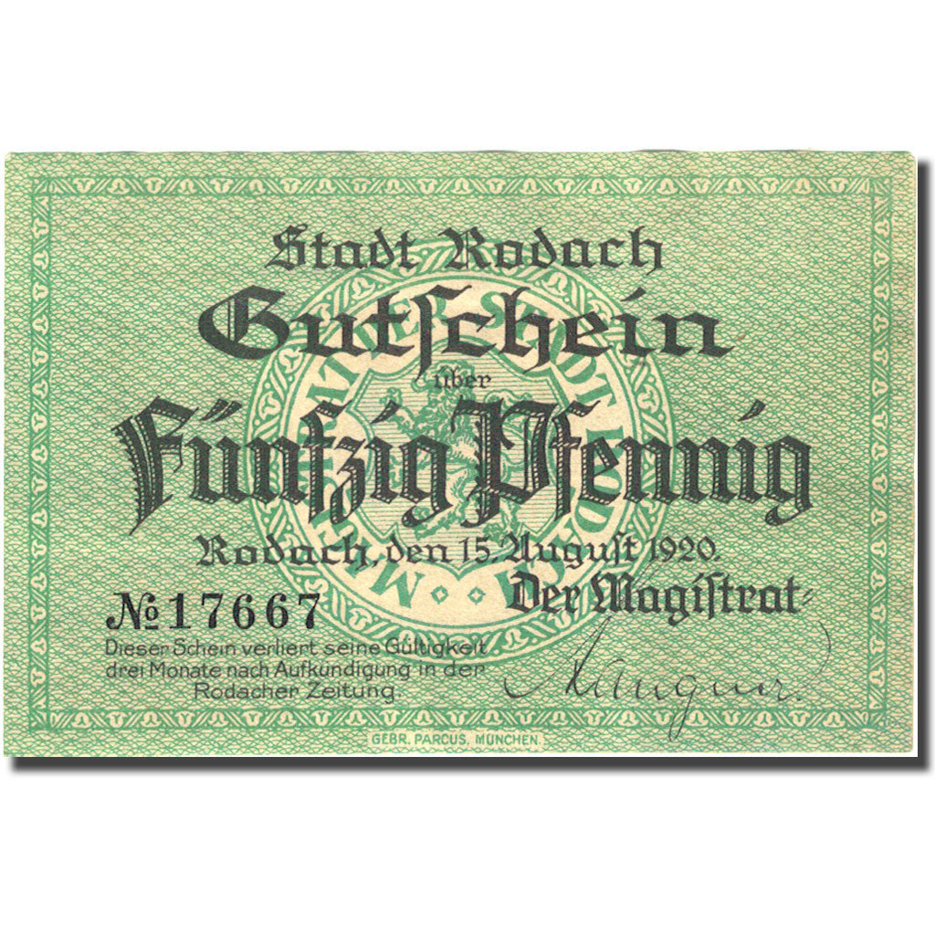 Banknote, Germany, Rodach, 50 Pfennig, Monument, 1920  AU(55-58) Mehl R33.2b