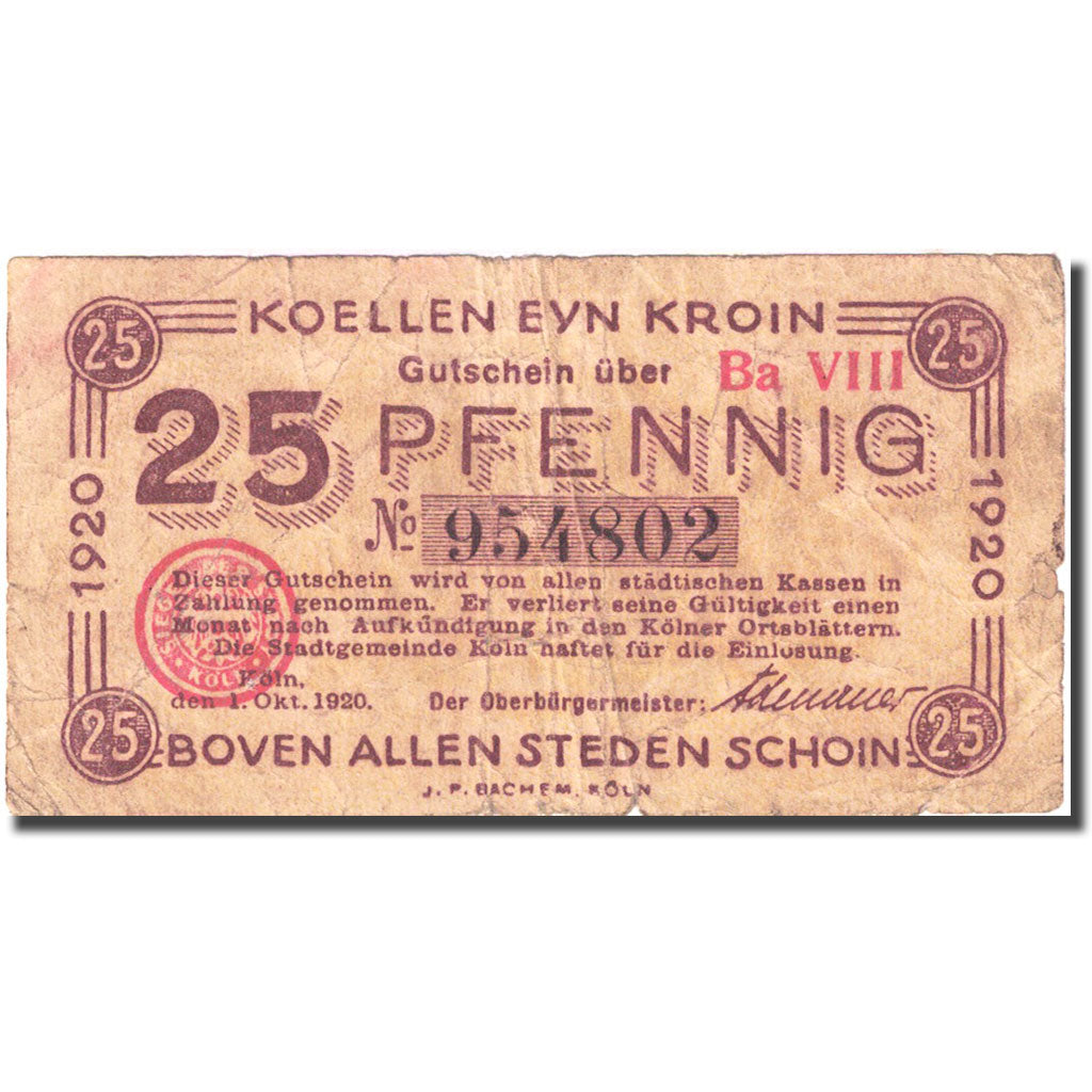 Banknote, Germany, Köln, 25 Pfennig, valeur faciale, 1920 VF(20-25) Mehl K30.3b
