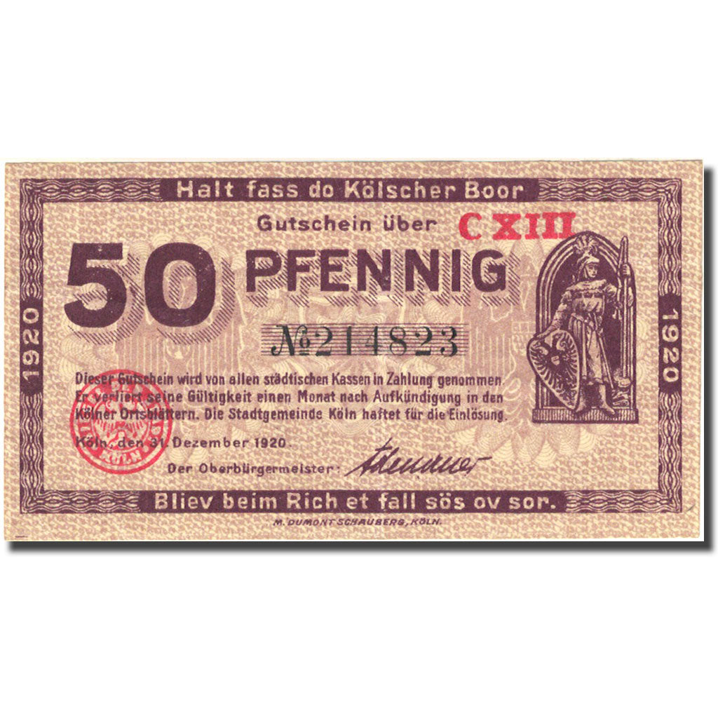 Banknote, Germany, Köln, 50 Pfennig, chevalier 1920-12-31, AU(55-58) Mehl K30.3c