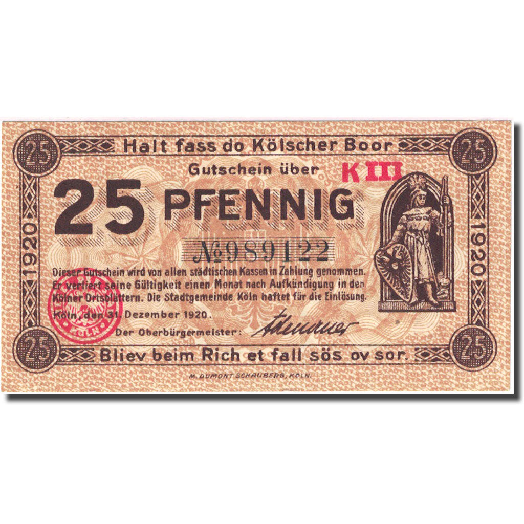 Banknote, Germany, Köln, 25 Pfennig, chevalier 1920-12-31 UNC(63) Mehl K30.14b