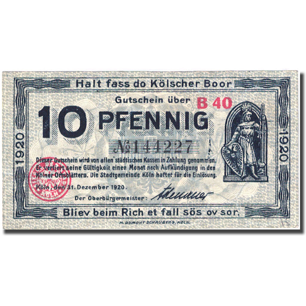 Banknote, Germany, Köln, 10 Pfennig, chevalier 1920-12-31 UNC(63) Mehl K30.14a