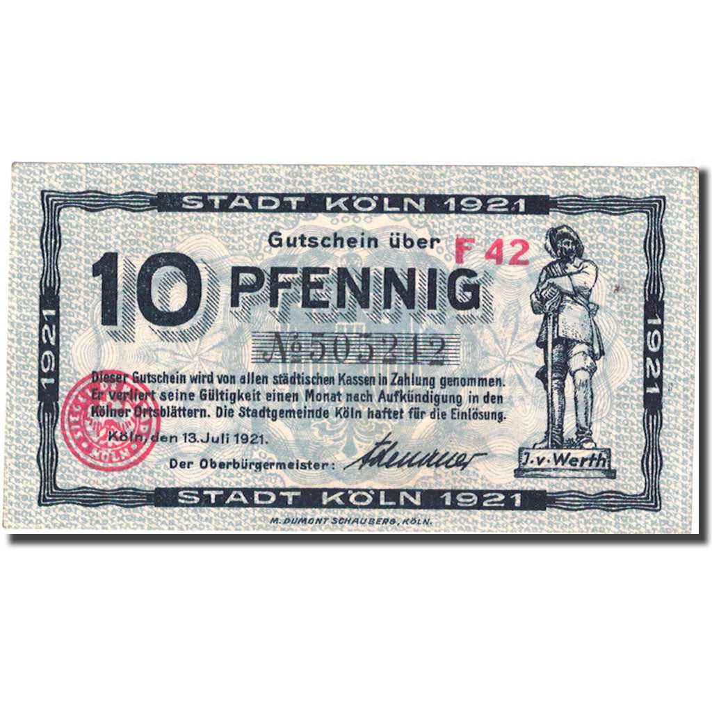 Banconote, Germania, Köln, 10 Pfennig, soldat, 1921, 1921-07-13 SPL Mehl K30.14a