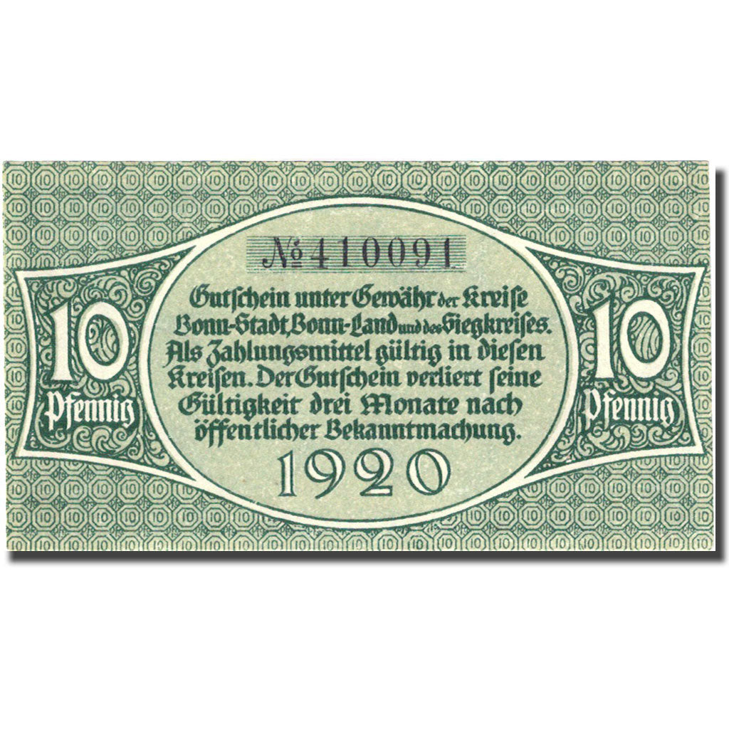 Banconote, Germania, Bonn, 10 Pfennig, personnage, 1920, SPL, Mehl:B74.6a