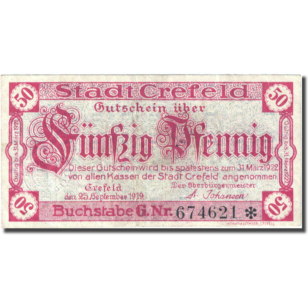 Banconote, Germania, Crefeld, 50 Pfennig, Blason, 1922-03-31, BB Mehl C29.4