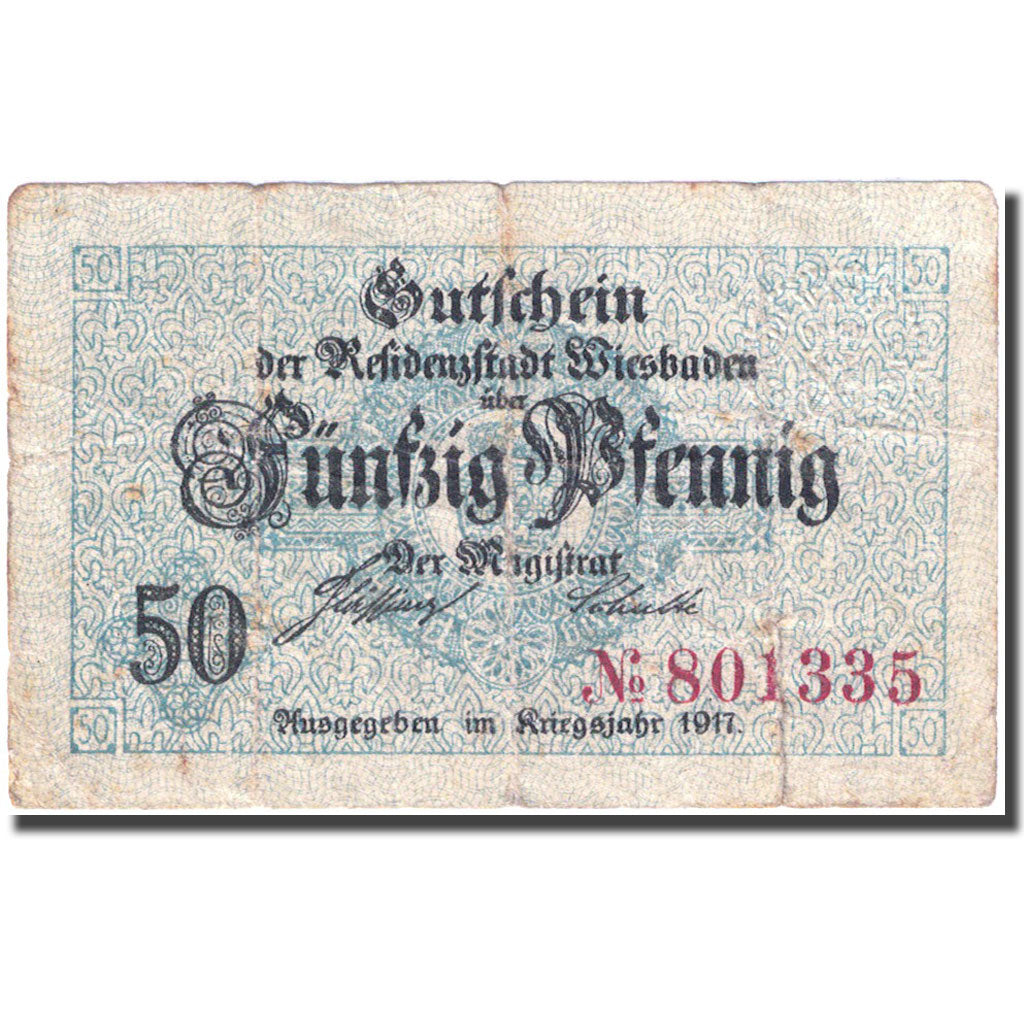 Banconote, Germania, Wiesbaden, 50 Pfennig, valeur faciale, 1918, MB, Mehl:W41.6