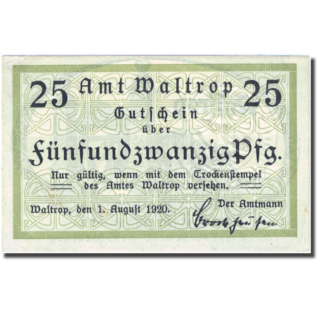 Banknote, Germany, Waltrop, 25 Pfennig, château 1920-08-01 UNC(63) Mehl W7.1d