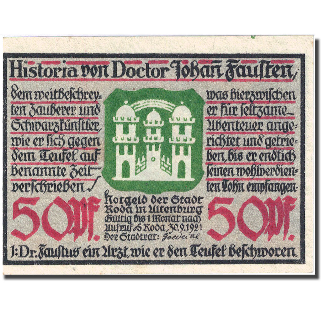 Banknote, Germany, Roda, 50 Pfennig, château 1921-09-30, UNC(63) Mehl 1127.1