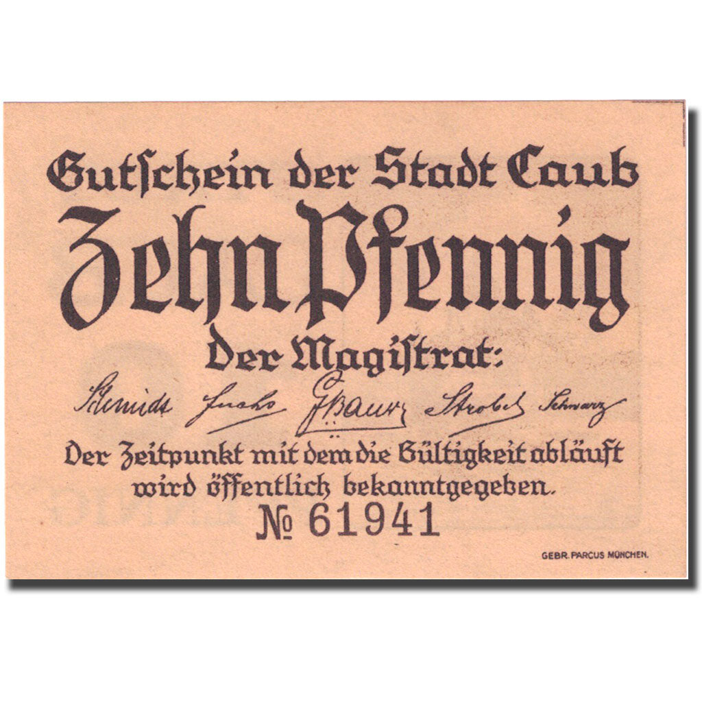 Banknote, Germany, Caub, 10 Pfennig, château, 1920, UNC(63), Mehl:C10.1a