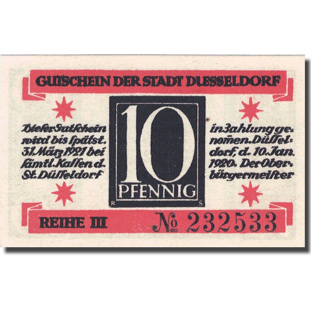 Banknote, Germany, Düsseldorf, 10 Pfennig, Blason, 1921 UNC(63) Mehl D 35.7a
