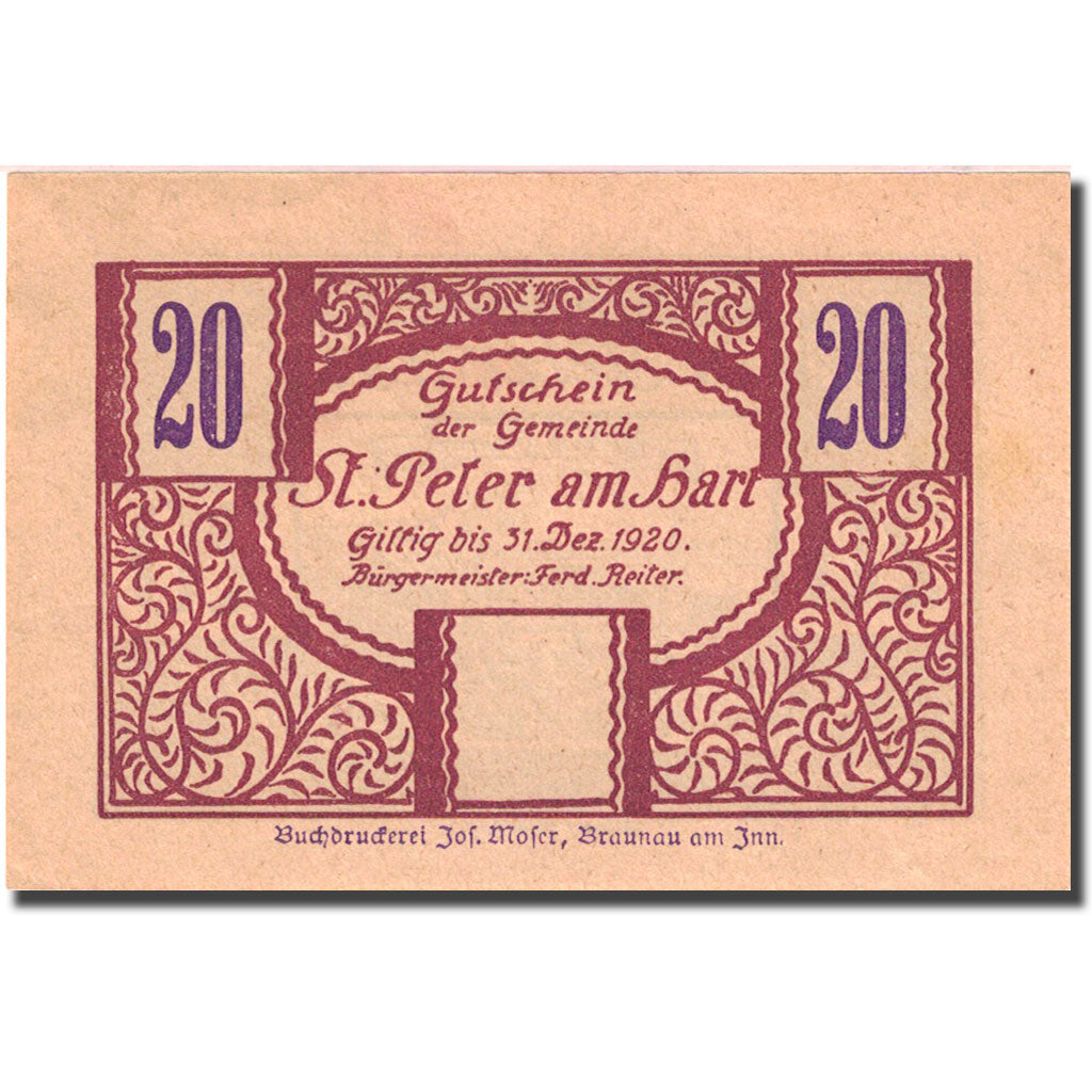Banconote, Austria, St Peter am Hart, 20 Heller, monastère, 1920 SPL Mehl FS925b