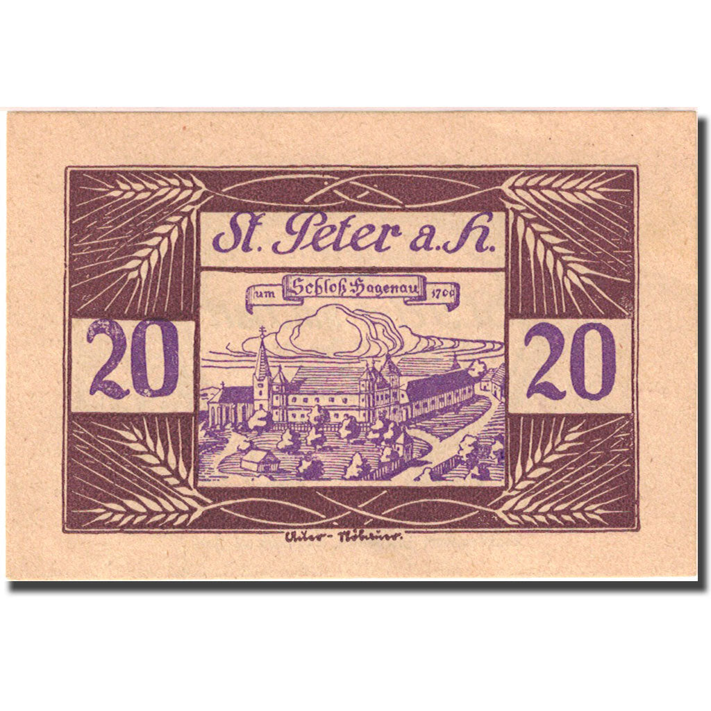 Banconote, Austria, St Peter am Hart, 20 Heller, monastère, 1920 SPL Mehl FS925b