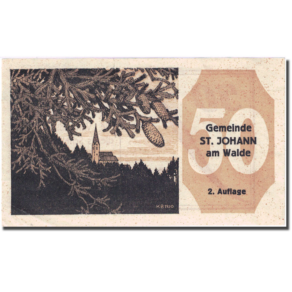 Banknote, Austria, St Johann, 50 Heller forêt, 1921 UNC(60-62) Mehl FS893b