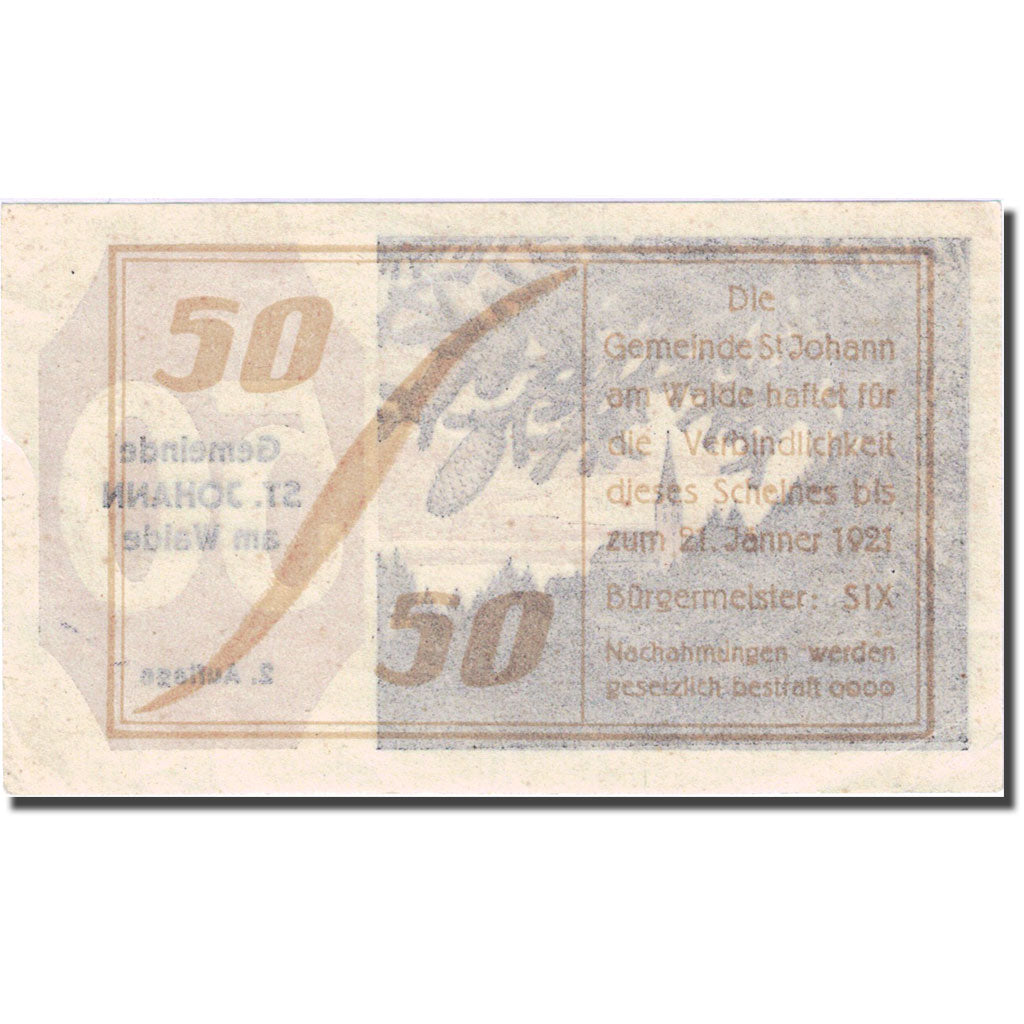 Banknote, Austria, St Johann, 50 Heller forêt, 1921 UNC(60-62) Mehl FS893b