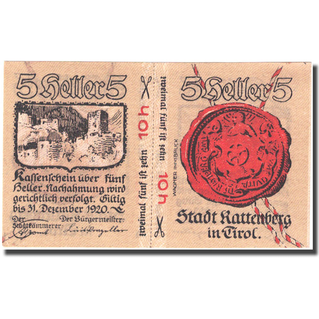 Banknote, Austria, Rattenberg, 5 Heller, château, 1920 UNC(63) FS821 I
