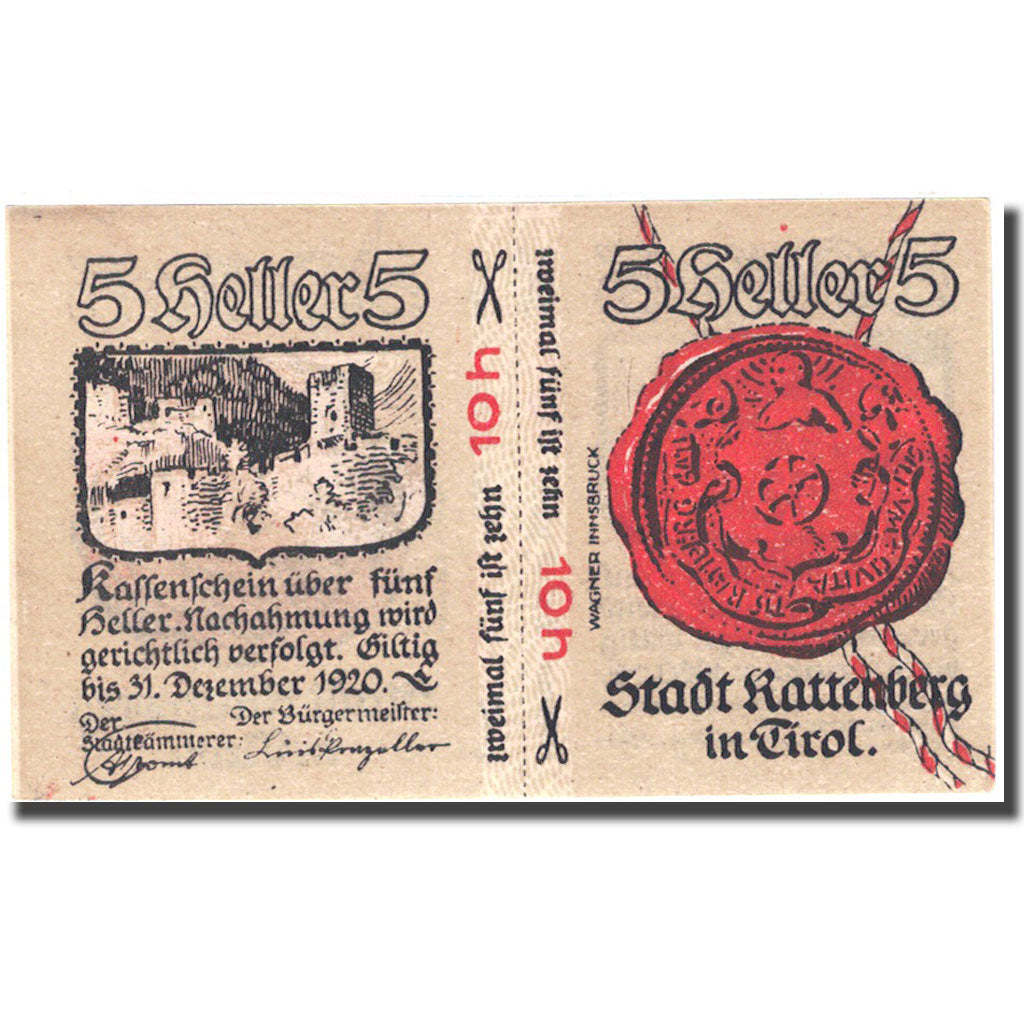Banknote, Austria, Rattenberg, 5 Heller, château, 1920 UNC(63) FS821 I