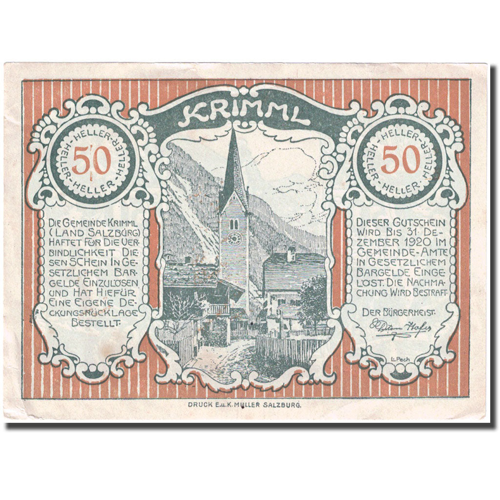 Banknote, Austria, Krimml, 50 Heller, Eglise 1920, 1920-12-31, AU(50-53) FS 483c