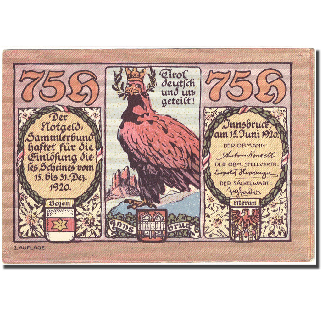 Banknote, Austria, Innsbruck, 75 Heller, aigle 1920-12-31, AU(55-58) FS 412 Ia