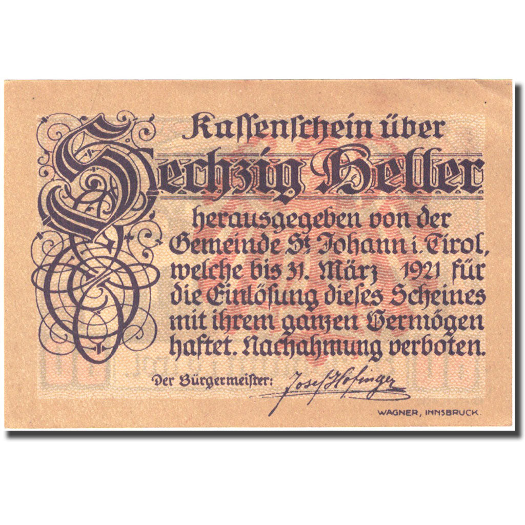Banknote, Austria St Johann in Tirol, 60 Heller, village 1921 UNC(60-62) FS 898e