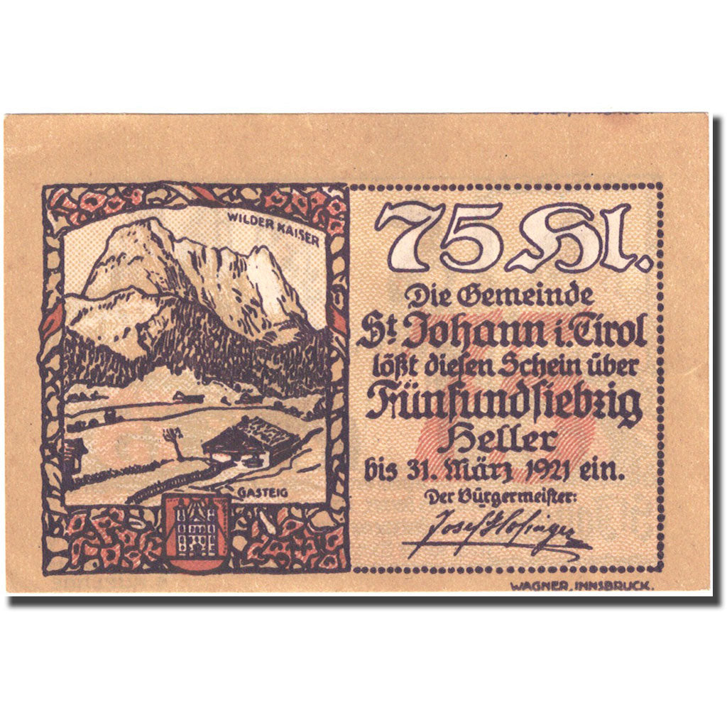 Banknote, Austria, St Johann in Tirol, 75 Heller, montagne 1921 UNC(63) FS 898e