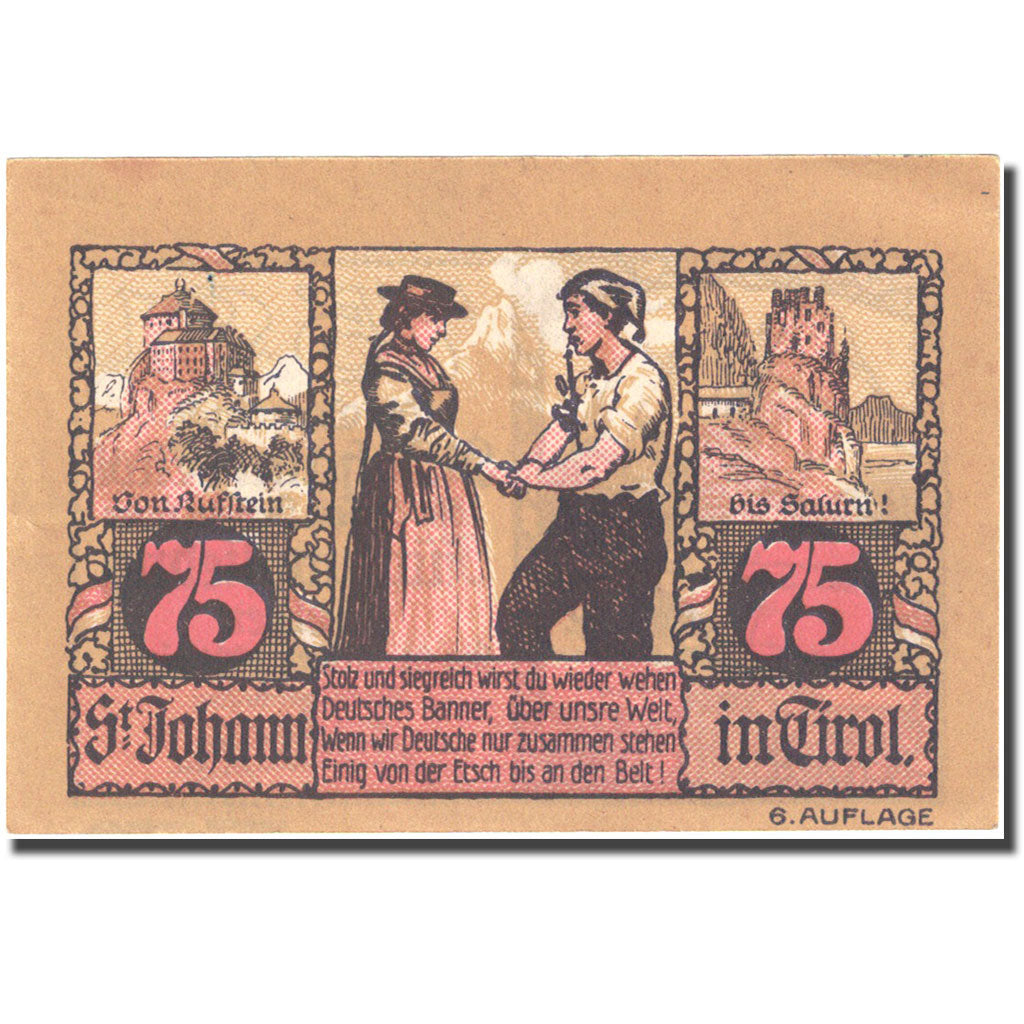 Banknote, Austria, St Johann in Tirol, 75 Heller, montagne 1921 UNC(63) FS 898e