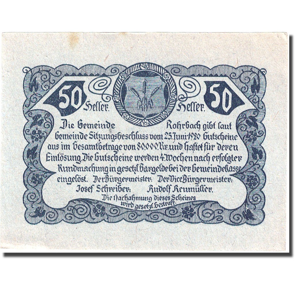 Banknote, Austria, Rohrbach, 50 Heller, village, 1920 AU(55-58) FS 841b
