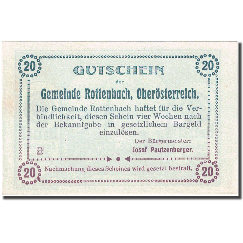 Geldschein, Österreich, Rottenbach, 20 Heller, Eglise 1921-01-31, VZ FS 851 Id