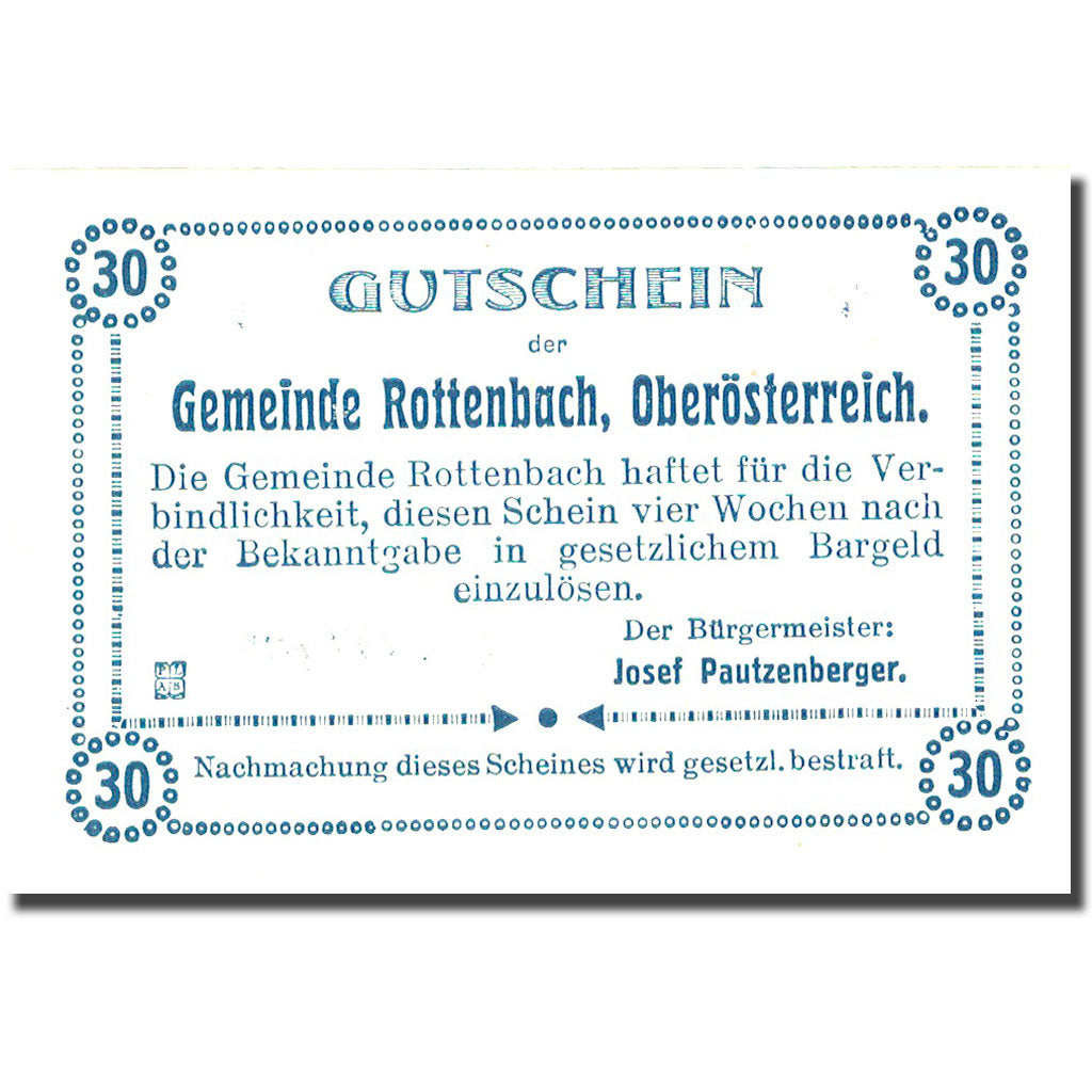 Banknote, Austria, Rottenbach, 30 Heller, Eglise, 1921 UNC(63) FS 851 Ia