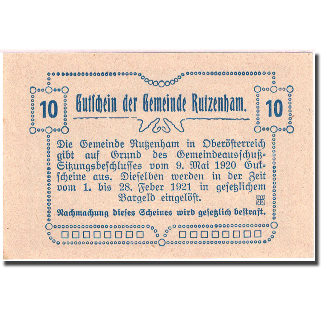 Banknote, Austria, Rutzenham, 10 Heller, Eglise, 1920 UNC(63) FS 858 Ic