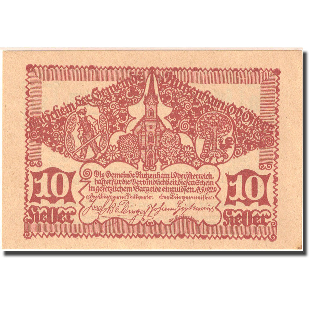 Banknote, Austria, Rutzenham, 10 Heller, Eglise, 1920 UNC(63) FS 858 Ic