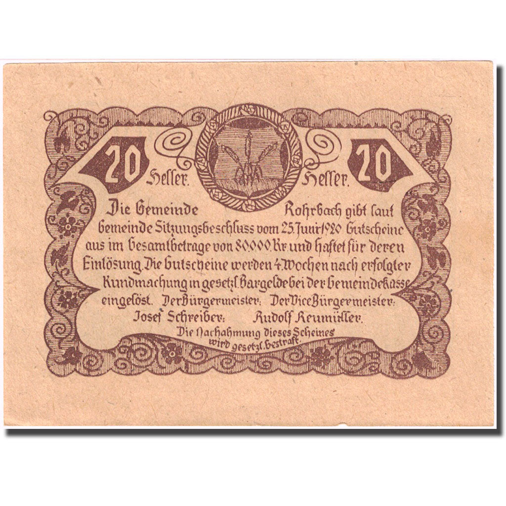 Banconote, Austria, Rohrbach, 20 Heller, village, 1920, 1920-06-25, SPL- FS 841b