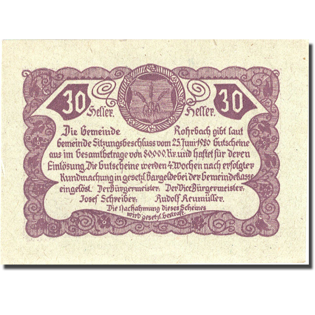 Banknote, Austria, Rohrbach, 30 Heller, village 1920-06-25 UNC(60-62) FS 841b
