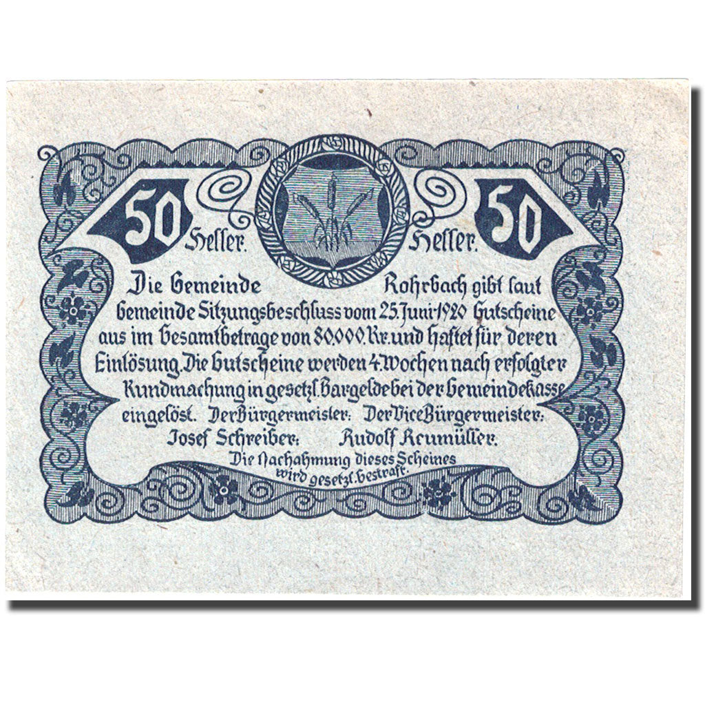 Banknote, Austria, Rohrbach, 50 Heller, village 1920-06-25 UNC(63) FS 841a