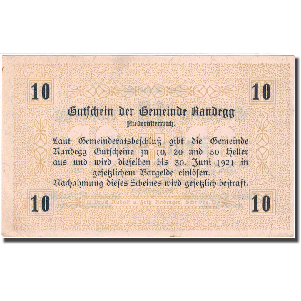 Banknote, Austria, Randegg, 10 Heller, valeur faciale1921-06-30 UNC(63) FS 817