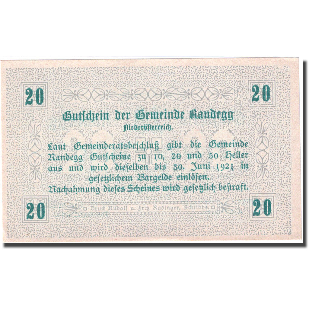 Banknote, Austria, Randegg, 20 Heller, valeur faciale, 1921 UNC(63) FS 817