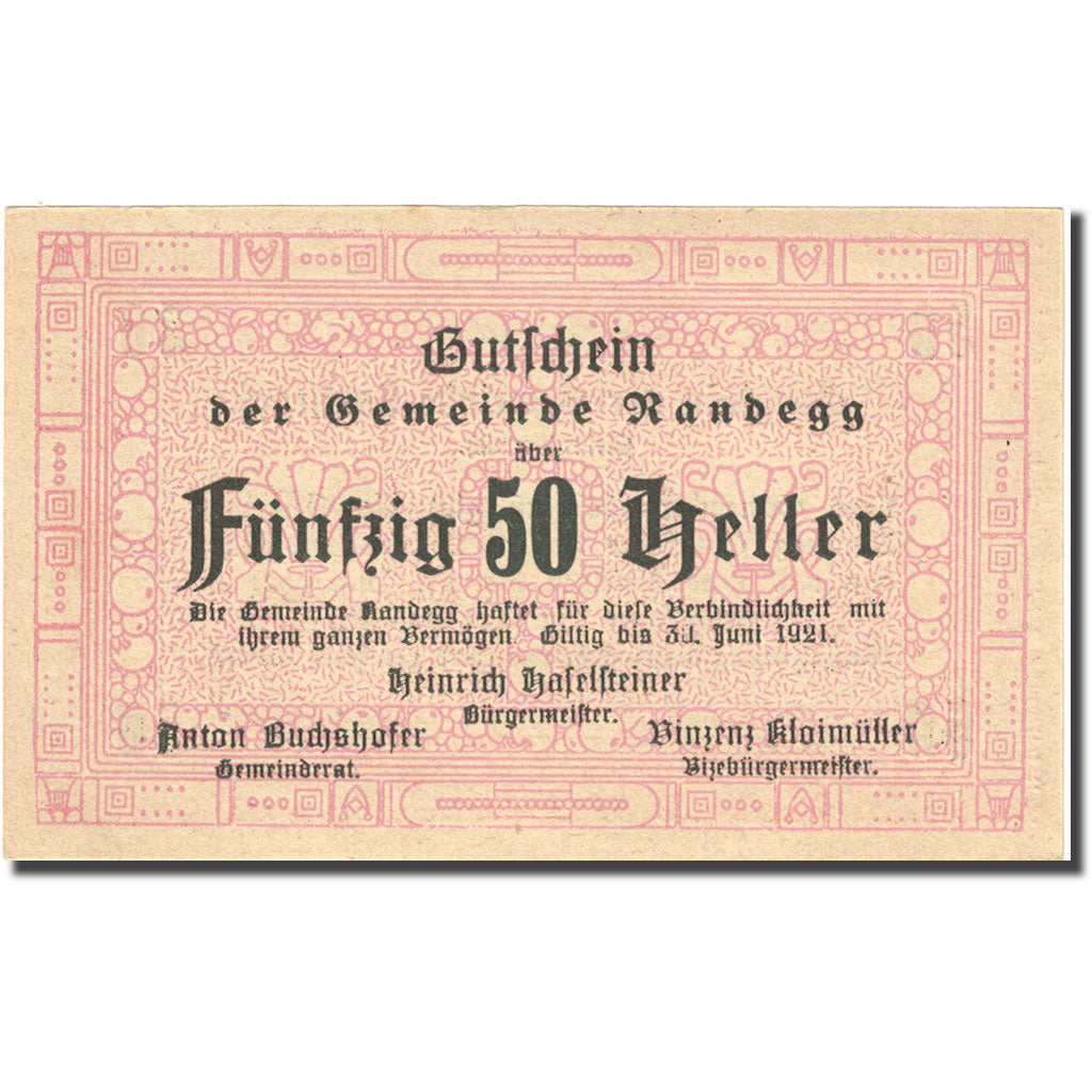 Banknote, Austria, Randegg, 50 Heller, valeur faciale, 1921 UNC(63) FS 817
