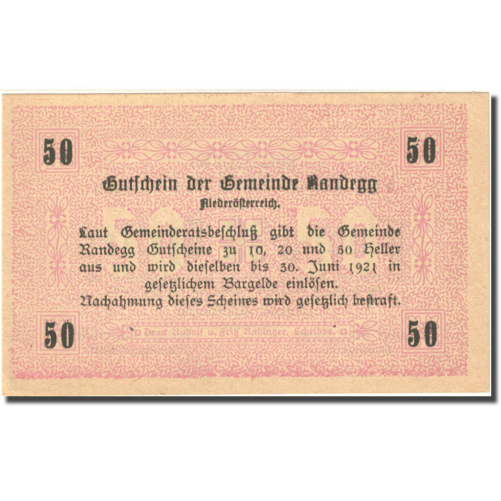 Banknote, Austria, Randegg, 50 Heller, valeur faciale, 1921 UNC(63) FS 817